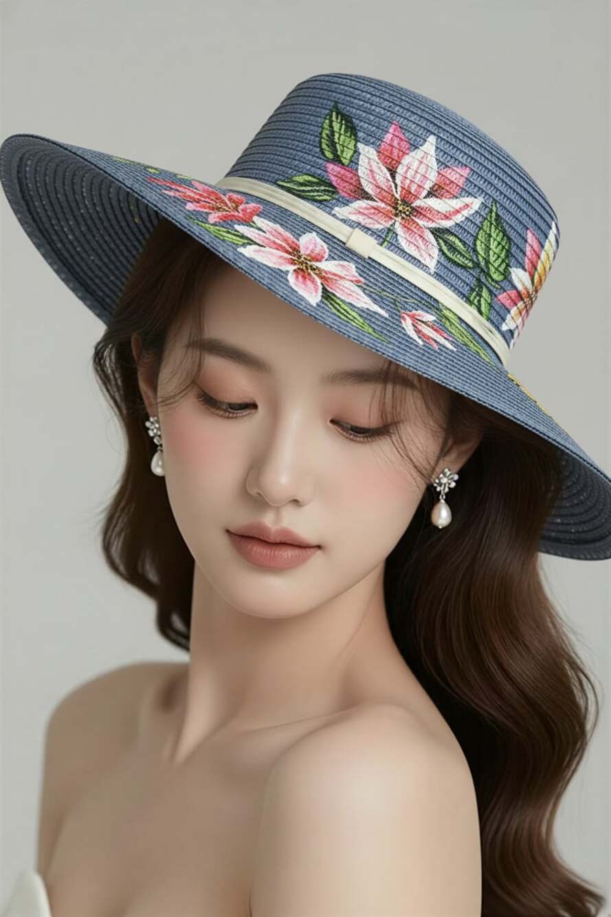 Hand Painted Floral and Butterfly Genuine Panama Straw Hat Size 57